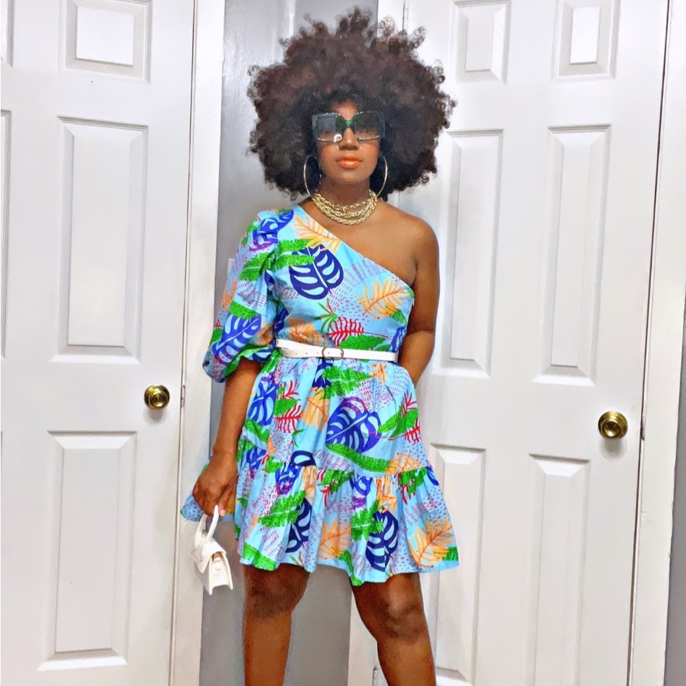 One sleeve, floral print dress